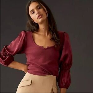 Anthropologie Maeve Satin Sleeve Top